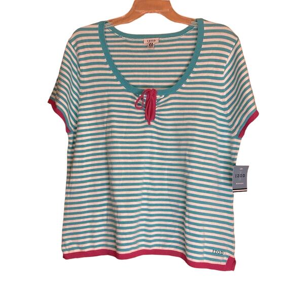 NWT Women's Plus 2X Izod Teal and White Striped Short-Sleeve Sweater w/Pink Trim - Picture 1 of 5